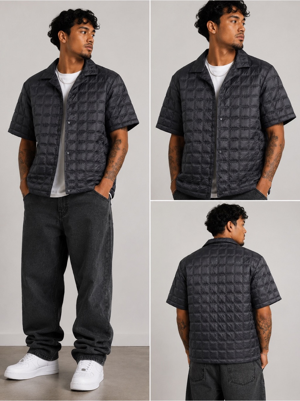 Men's Short-Sleeve Quilted  light puff Jacket - Black